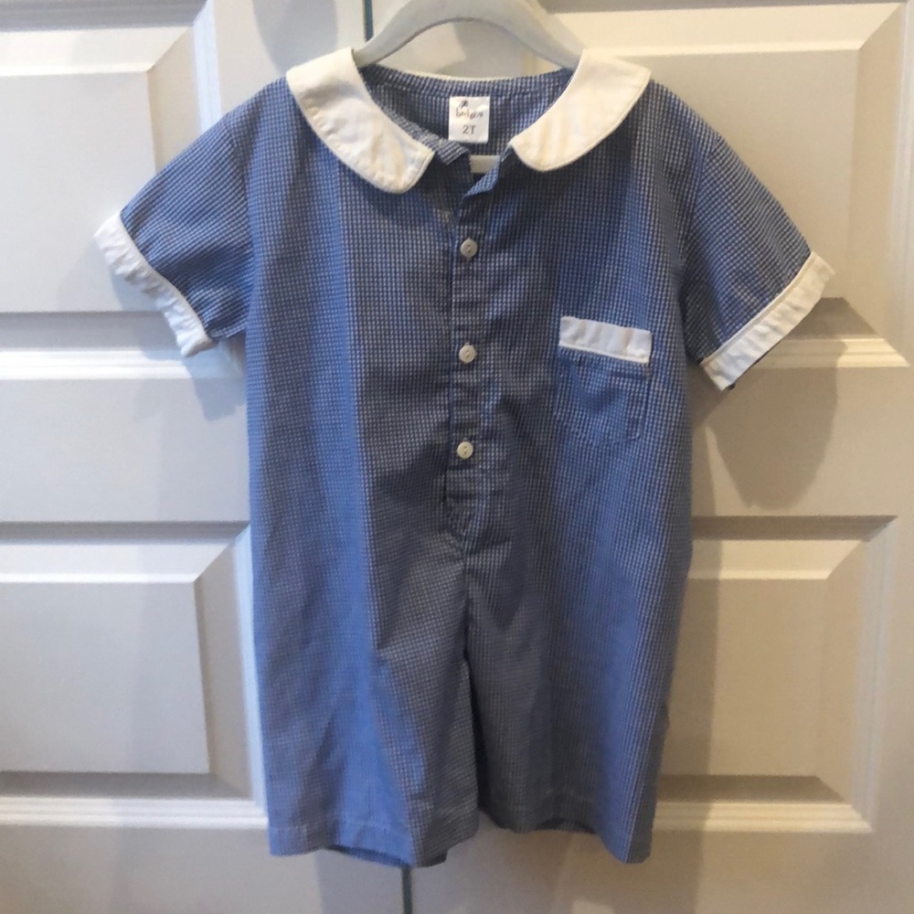 Boys royal blue/white checked romper. 2T. Short sleeve with collar.